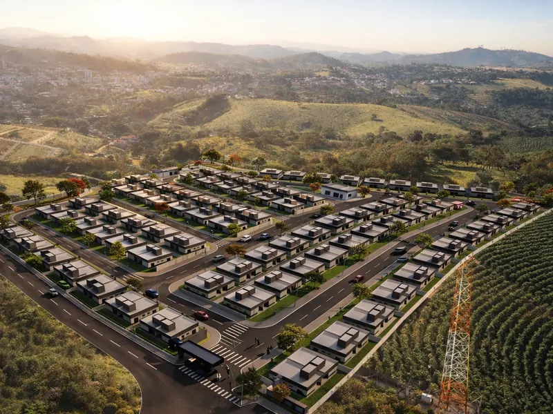 Vista aérea real do Residencial Villa Bela Vista, condomínio fechado em meio ao verde da Serra da Mantiqueira em Socorro/SP