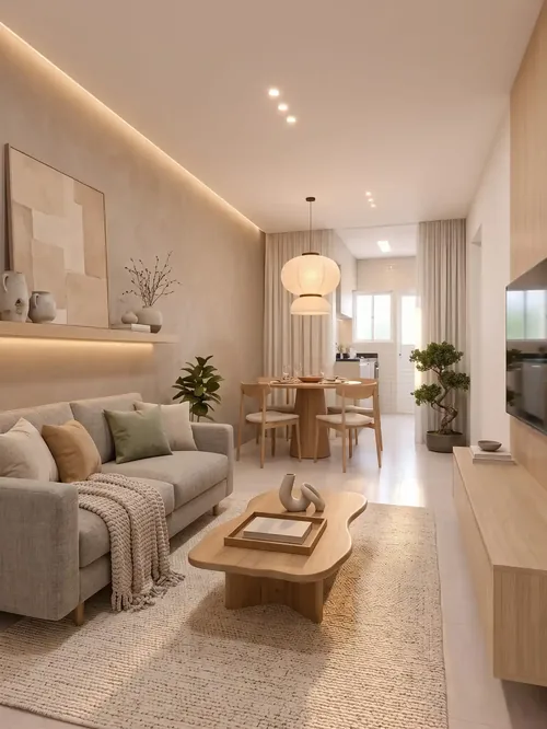 Sala de estar integrada à cozinha, ampla e bem iluminada, na casa do Villa Bela Vista