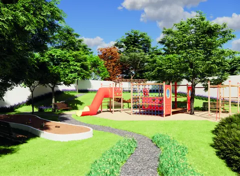 Playground colorido em meio à área verde do condomínio