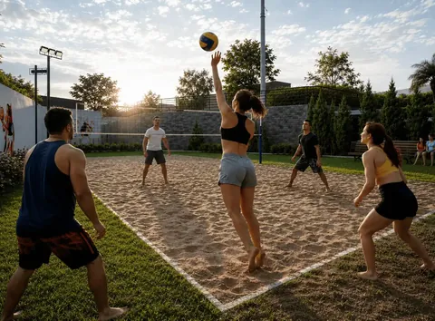 Quadra de beach tennis do condomínio ao pôr do sol