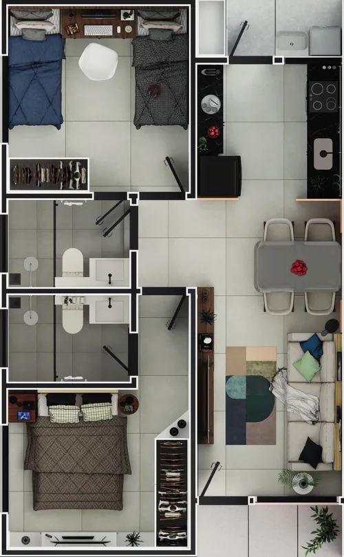 Planta humanizada da casa térrea de 58 m² com 2 suítes e sala integrada à cozinha