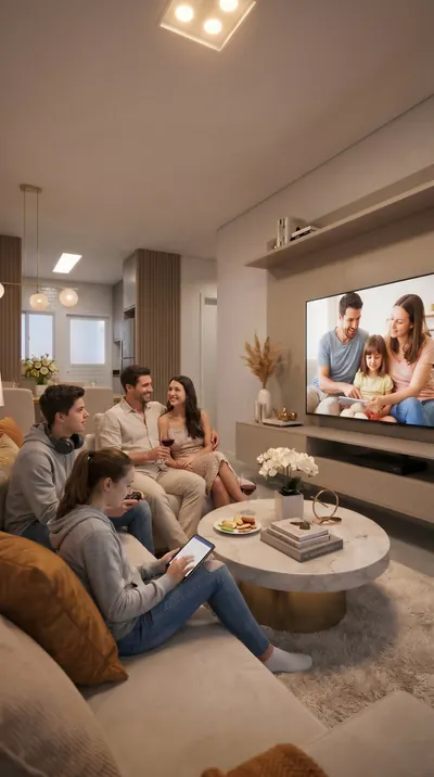 Família reunida na sala de estar assistindo TV