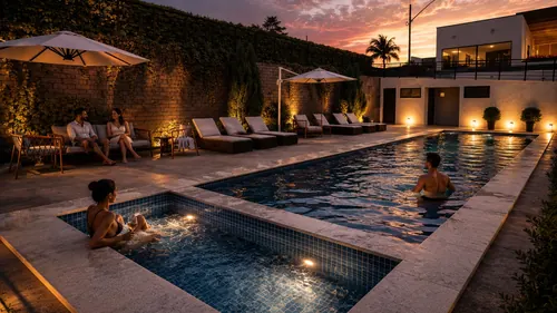 Família curtindo a piscina do condomínio iluminada à noite