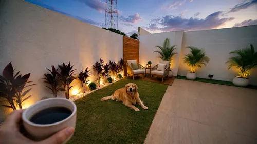 Quintal privativo iluminado com cachorro da família
